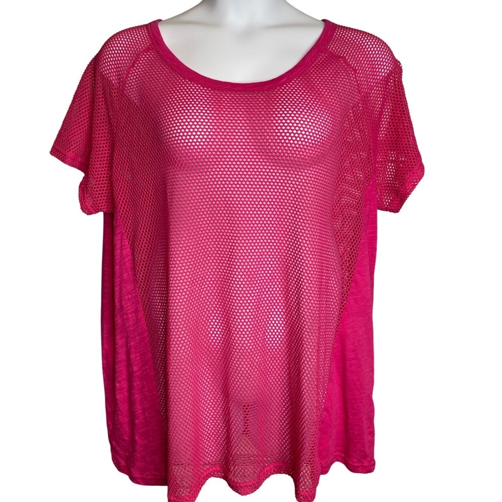 NWT AVENUE Womens Fuchsia Mesh Overlay T-Shirt Sz 18/20 Short Sleeve Fishnet